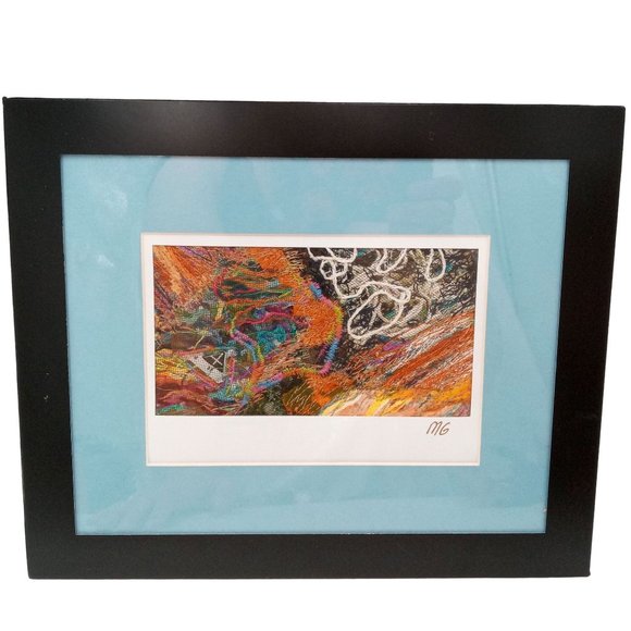 Colorful Abstract Collage Art Framed Vintage Signed Modern Fiber Fabric Wall